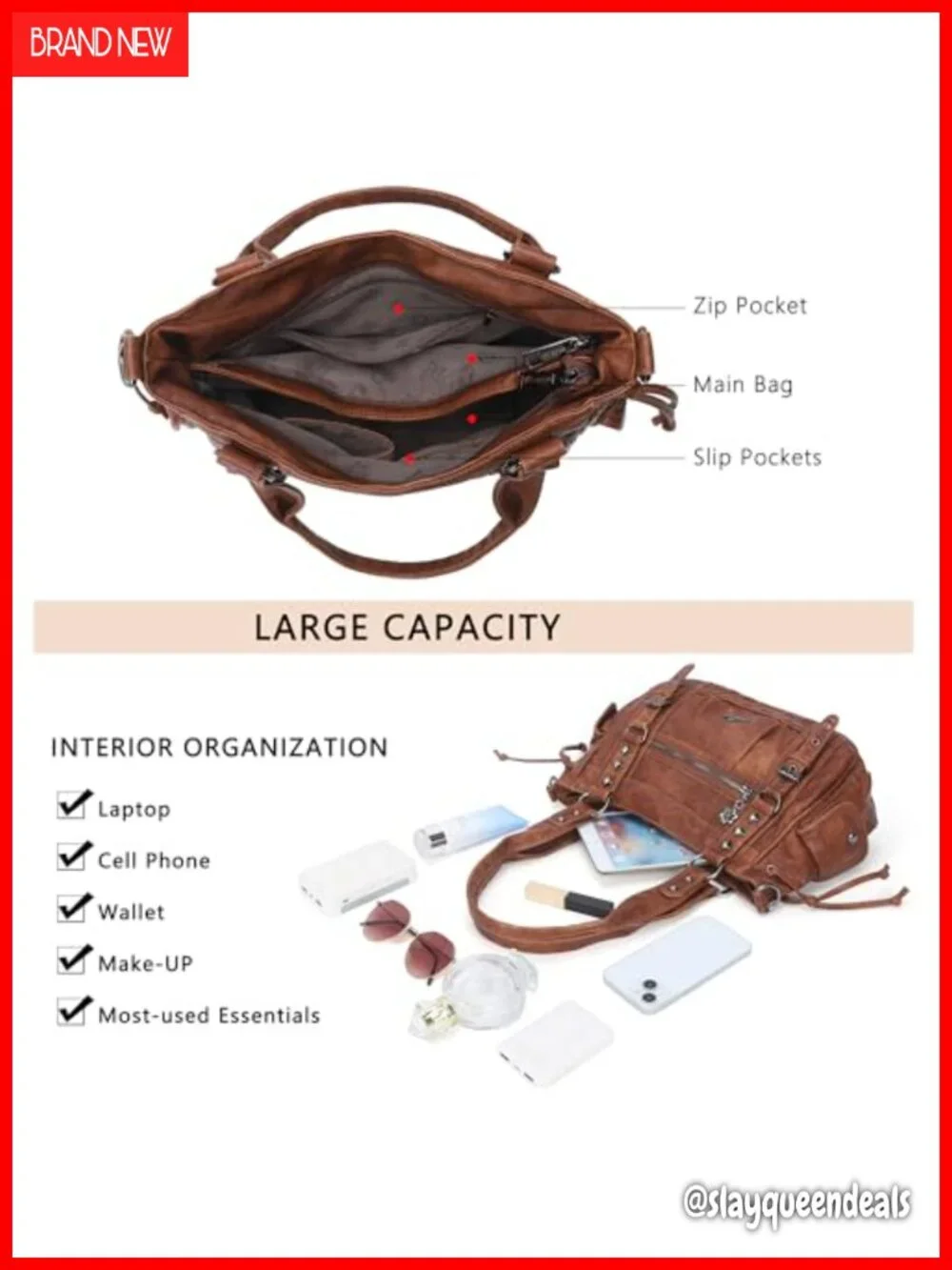 Vegan Leather Hobo Shoulder Bag Multi Pocket Tote with Adjustable Strap
